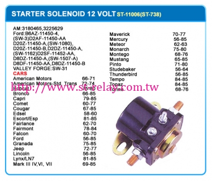 STARTER SOLENOID 12 VOLT  AM:3180465  3225629  FORD:B6AZ-11450-4  (SW-3)  D2AF-11450-AA  D20Z-11450-A  (SW-1080)  D20Z-1